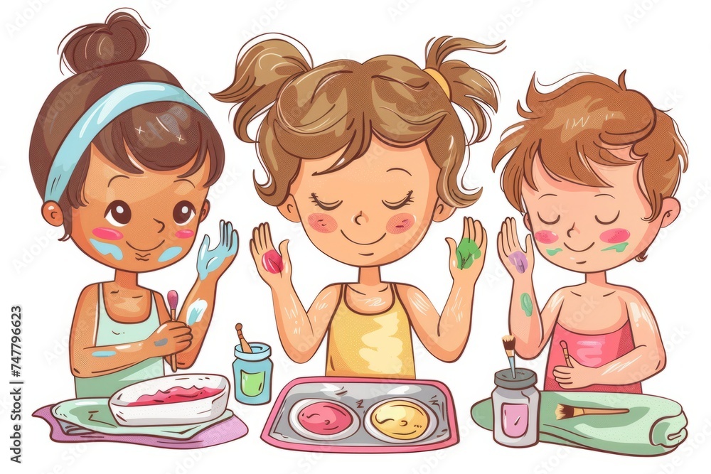 Cartoon cute doodles of kids having a DIY spa night, painting each other's nails and doing face masks, Generative AI Cartoon cute doodles of kids having a DIY spa night, painting each other's nails and doing face masks, Generative AI
