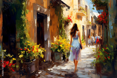 Beautiful girl with flowers. Retro town street. Oil painting in impressionism style. © Osadchyi_I