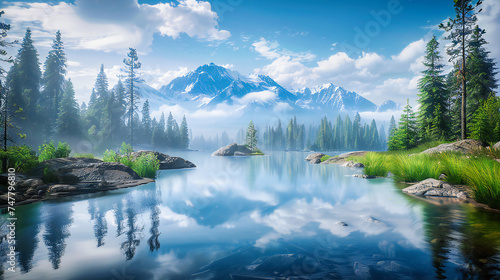 Alpine Lake and Mountain Landscape, Tranquil Nature Scene for Travel and Adventure, Beautiful Reflection and Scenic View, Serene Outdoor Environment