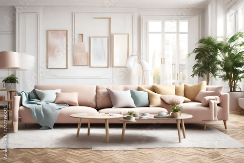 a stylish interior with sofas in pastel hues  creating an airy and welcoming atmosphere  perfect for a refreshing and modern living room ambiance.
