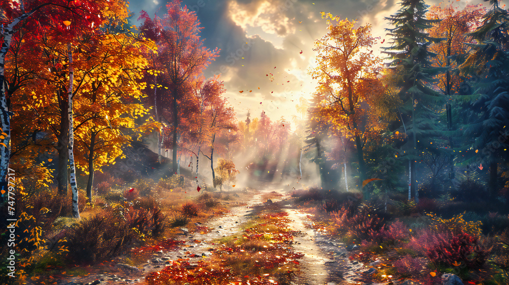 Golden Autumn Forest and Sunlit Path, Seasonal Nature Beauty, Warm Foliage and Tranquil Outdoor Scene, Magical and Colorful Landscape