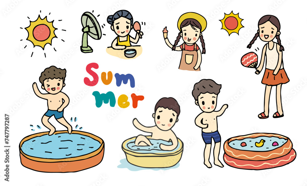 Children jumping into water on summer vacations set, summer activities, summer vibes. Hand drawn style vector illustration. Children jumping into water on summer vacations set, summer activities, summer vibes. Hand drawn style vector illustration.