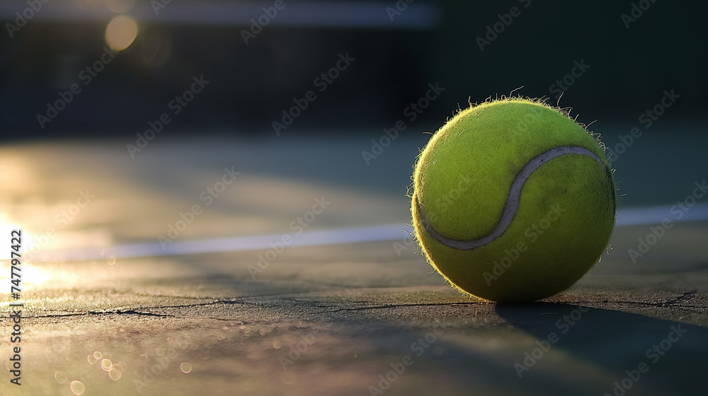 Tennis ball on a sunlit court at dawn.