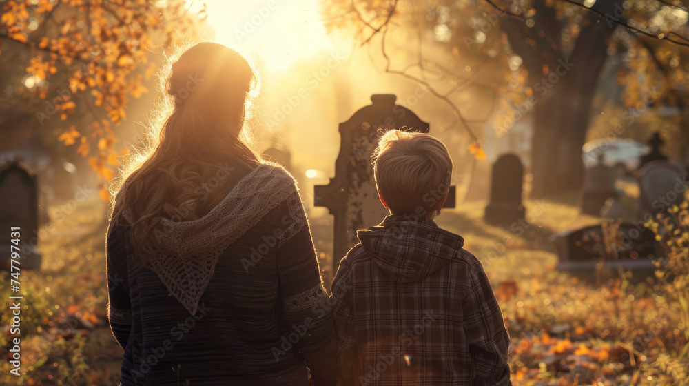 Caucasian woman and kid in front of a tombstone in a cemetery , mother and son visit a relative grave such as dead father or grandparents