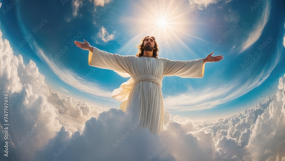 Jesus soaring through clouds with outstretched arms. Jesus soaring through clouds with outstretched arms.