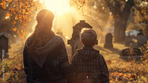 Caucasian woman and kid in front of a tombstone in a cemetery , mother and son visit a relative grave such as dead father or grandparents