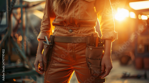 Close-up view of the waist of an unrecognizable young woman worker with professional waistband with tools