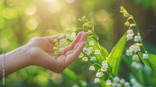 Woman hand picking a piece of Lily of the Valley flowers photo