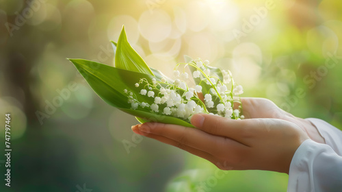 Woman hand picking a piece of Lily of the Valley flowers photo