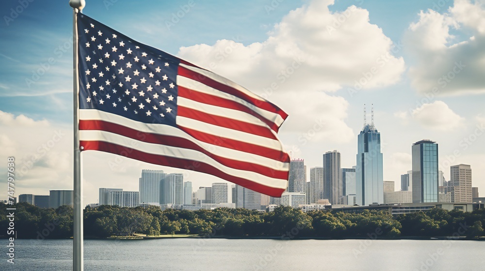 Overview of a city skyline adorned with the USA flag, creating a patriotic background for text.