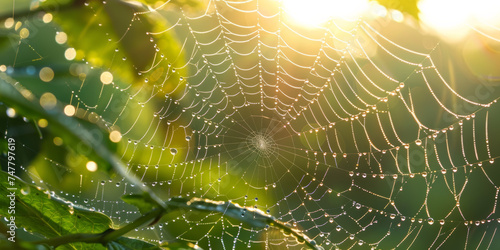 Spider web banner with view of spiderweb with morning sun light © Keitma