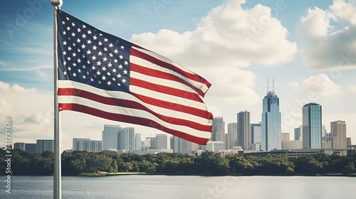Overview of a city skyline adorned with the USA flag, creating a patriotic background for text.