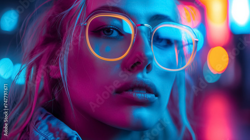 Woman's face illuminated by neon lights.