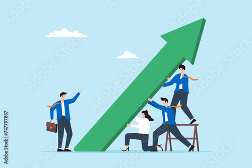 Business team pushing green graph arrow upwards. Concept of efforts to improve and grow the business, teamwork and collaboration to growing company, and fostering career growth