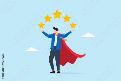 Superhero businessman holds big golden 5 star customer rating feedback. Concept of excellent service, quality, and strong professional reputation, earning awards and top ratings