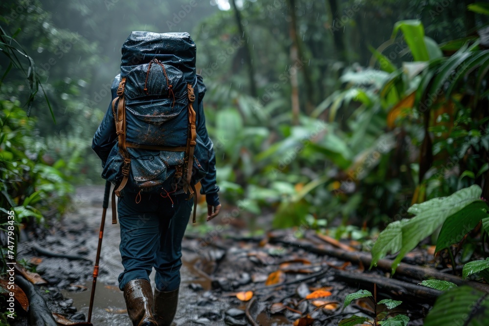 Hiker with a large backpack trekking through a wet tropical rainforest trail.