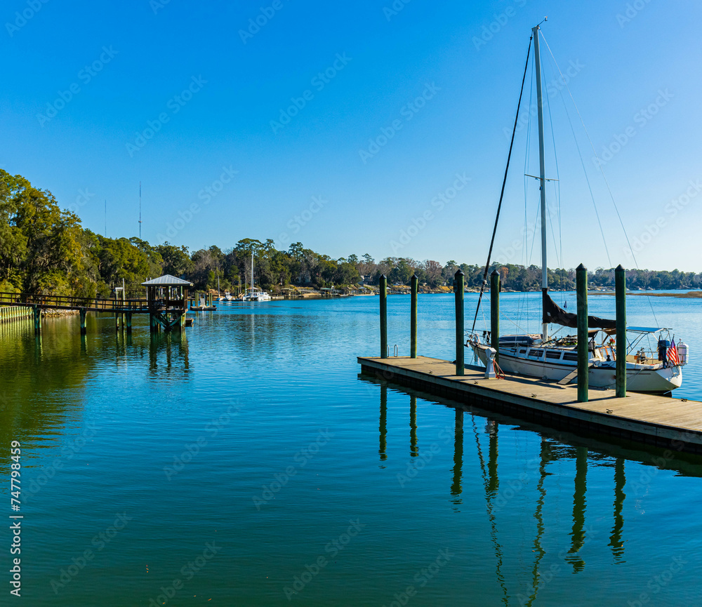 Sailboat Docked on The May River at The Calhoun Street Dock, Bluffton, South Carolina, USA