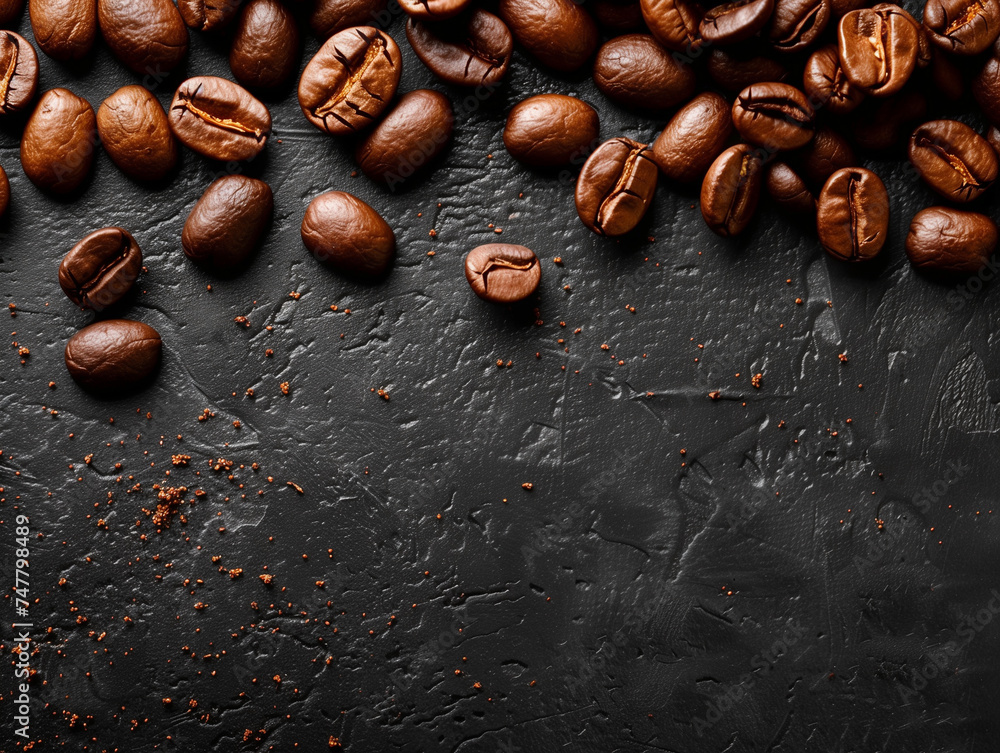 Top view of roasted coffee beans set against a sleek black background Top view of roasted coffee beans set against a sleek black background