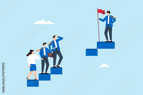 Some business people struggle to climb broken stairs, while others at the top. Concept of skill gaps, career problem, talent obstacle, and differences in knowledge to achieve their goals photo