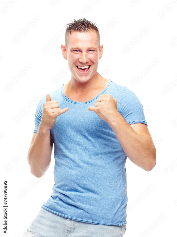 Portrait, happy man and smile in studio confident, proud and excited on white background. Male person, facial expression and shaka gesture while standing casual, clothes and cheerful with happiness Portrait, happy man and smile in studio confident, proud and excited on white background. Male person, facial expression and shaka gesture while standing casual, clothes and cheerful with happiness