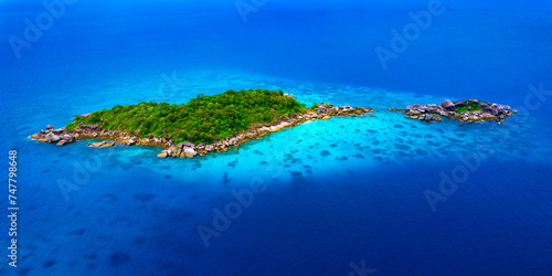 Aerial view of the Similan Islands, Andaman Sea, natural blue waters, tropical sea of Thailand. the beautiful scenery of the island is impressive