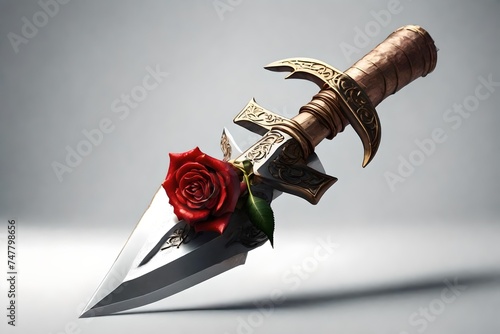 image of an isolated gothic. fantasy daggar knife with a rose wrapped around it against a solid crsip white background photo