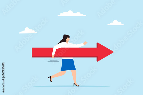 Businesswoman runs forward with arrow sign, illustrating progress towards success. Concept of determination, courage, and direction of business, career path, or pursuit of opportunities and missions
