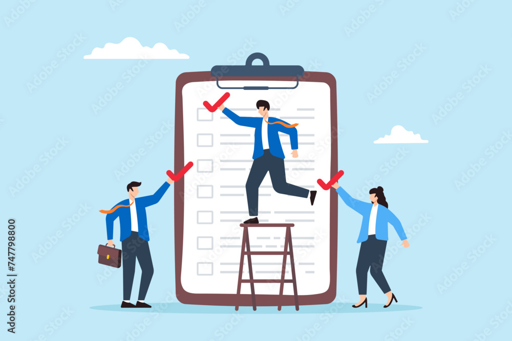 Businessman coworkers assist to put checkmark on task list clipboard ...