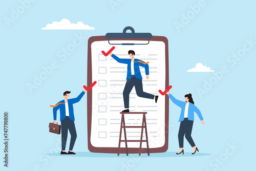 Businessman coworkers assist to put checkmark on task list clipboard, illustrating completion of todo list, work checklist. Concept of project management, teamwork to completing plans