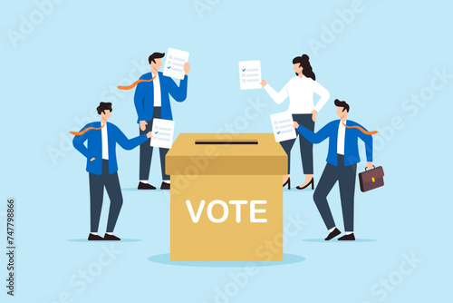 Business people put checkmark on voting papers and drop into ballot box, illustrating political choices, or employee feedback. Concept of opinions in democracy, elections, customer surveys