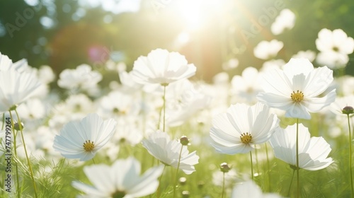 Beautiful white Cosmos Flower Field With sunlight on the garden background