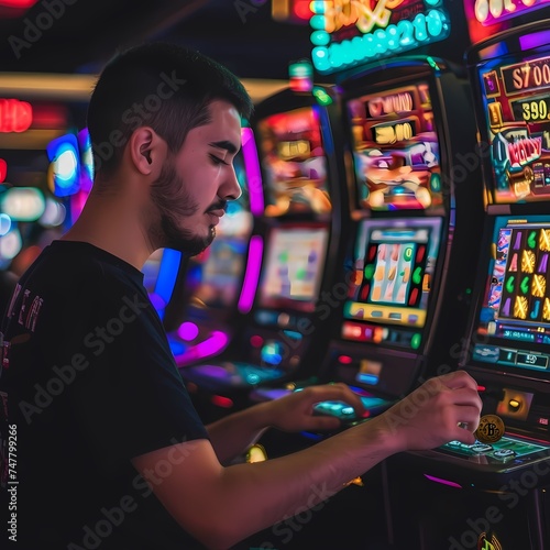 A gamer is captivated by the vibrant slot machines at a casino, using Bitcoin for an exhilarating gambling experience. The setting is alive with the thrill of chance and technology. AI Generative