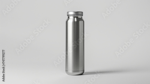 : A sleek, stainless steel water bottle with a minimalist design, elegantly placed on a pristine white background, exuding simplicity and sophistication