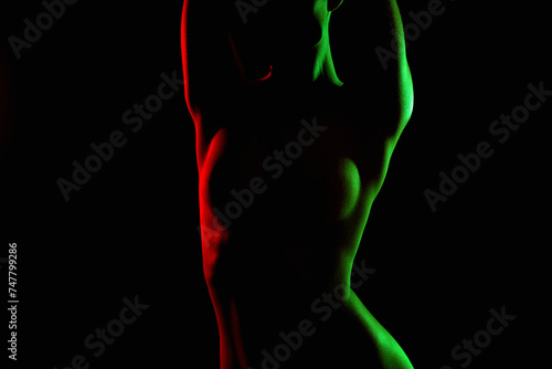 Nude Woman in Color lights. Beautiful Naked body silhouette