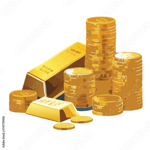Business success, finance, wealth, banking and stock exchange market investment concept: group of gold ingots or bullions and stacks of golden coins isolated on a white background with stacks of bars