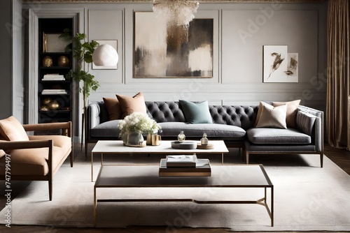 a sophisticated lounge with a curated selection of sofas in classic styles and muted tones, radiating timeless elegance in every detail.
