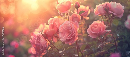 A cluster of pink roses are in full bloom, swaying gently in a field as the warm rays of the sunrise illuminate the petals. The vibrant flowers create a stunning display against the green backdrop