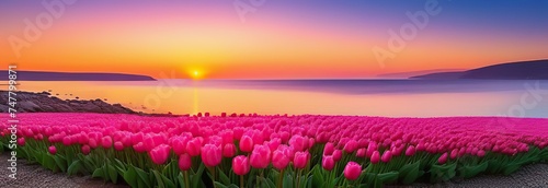 A bouquet of  delicate pink tulips in craft paper against the backdrop of sunset colors of the sea, rocky shore, water, sky, sunset, seagulls flying in the distance  photo