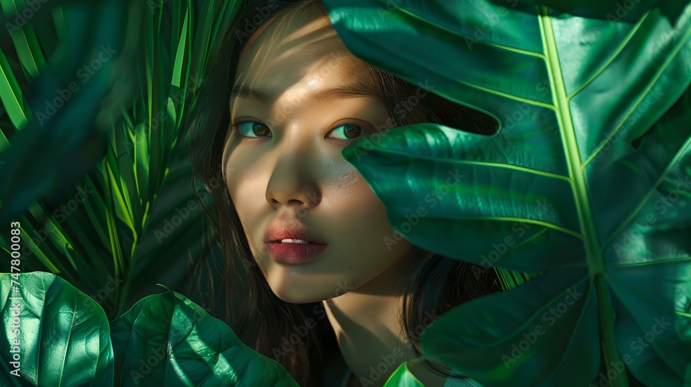 Mysterious woman peering through lush green leaves in a serene, captivating portrait. evokes tropical intrigue. perfect for art and design. AI Mysterious woman peering through lush green leaves in a serene, captivating portrait. evokes tropical intrigue. perfect for art and design. AI