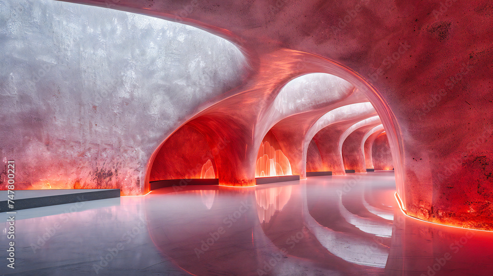 Icy Tunnel Architecture, Illuminated Passage Through Snow, Winter Attraction, Futuristic Design, Cold Ambiance