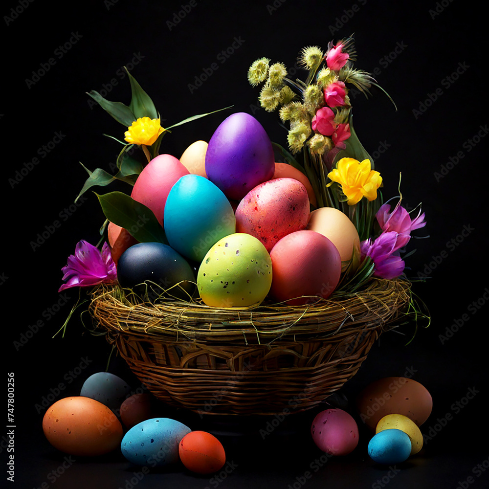 Happy Easter Day card with colorful eggs on a black background