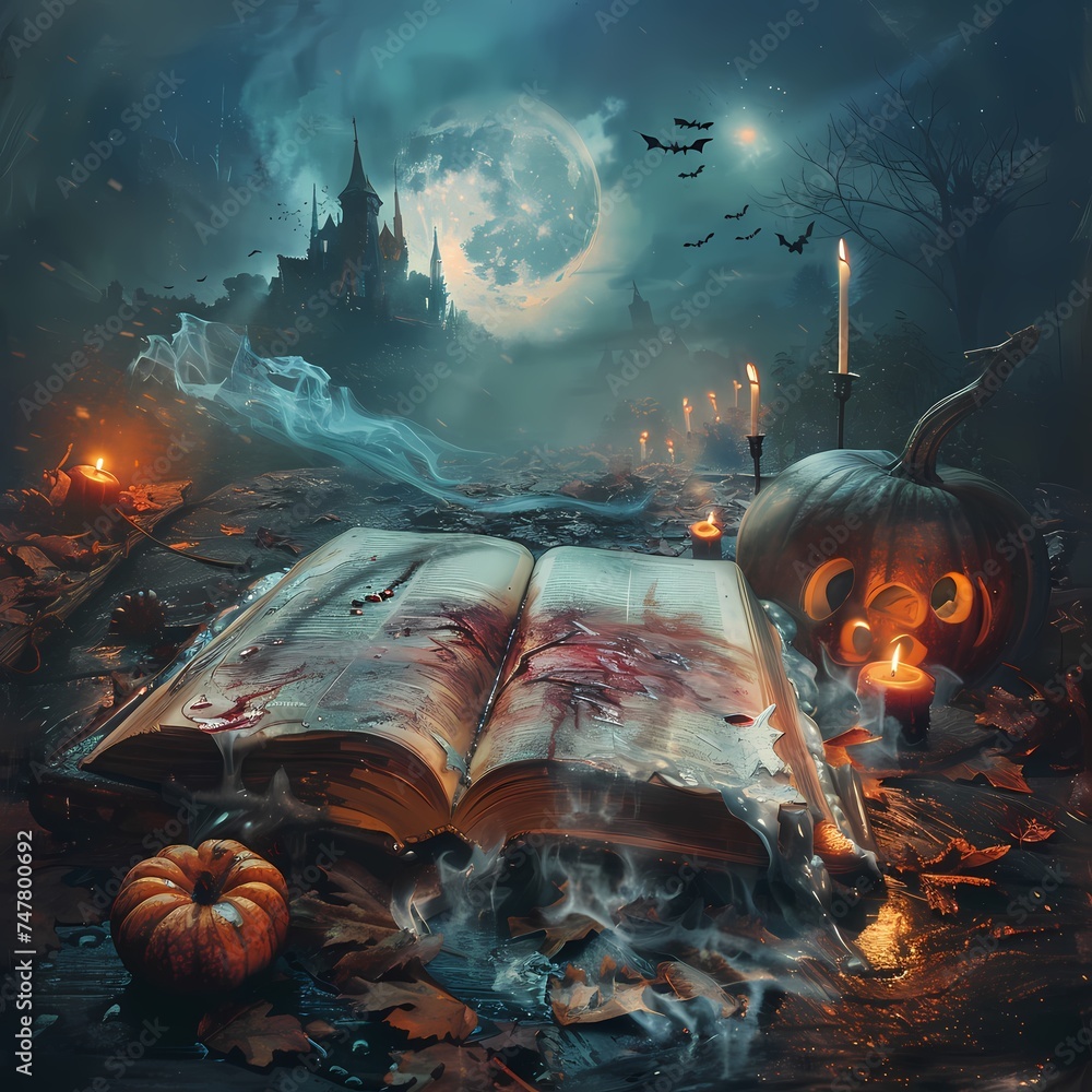 As the clock strikes midnight, a magical book opens to reveal Halloween secrets against a backdrop of a moonlit gothic castle. AI Generative - obrazy, fototapety, plakaty 