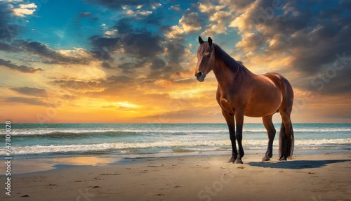 Majestic Brown Horse: A Tranquil Sunset on the Sandy Shore"