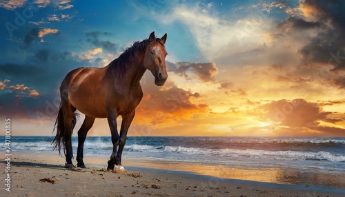 Majestic Brown Horse: A Tranquil Sunset on the Sandy Shore" © aazam