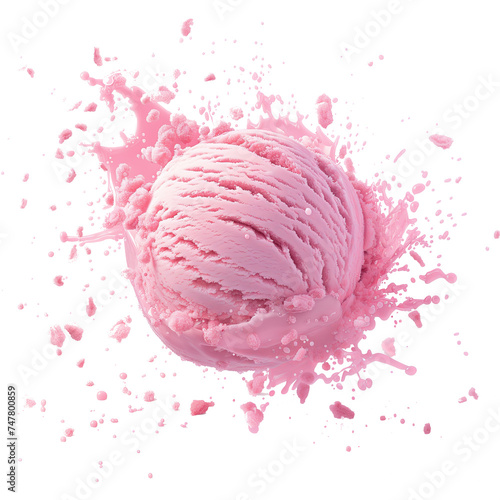 Pink Ice cream scoop or ball with splash levitating and flying, isolated on white background. Front view photo