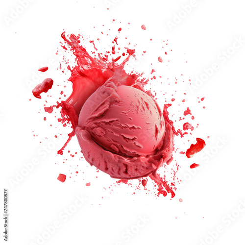 Red Ice cream scoop or ball with splash levitating and flying, isolated on white background. Front view