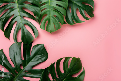 Green leaves in floral decoration. Tropical monstera leaves on pink background. Lying down, top view copy space