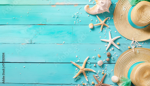Seashells and Starfish Holiday Decor Beach Accessories On Blue Plank - Summer Holiday Banner
