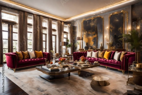 a luxurious sitting area with a mix of opulent sofas, each exuding richness in color and design, elevating the living room with a touch of grandeur.