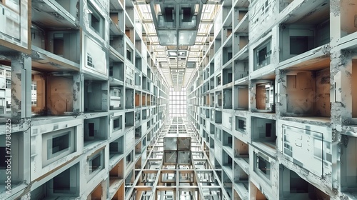 The image shows a mesmerizing high-rise atrium with a geometric pattern, portraying a sense of architectural grandeur and verticality. It speaks to modern design and urban engineering. AI Generative